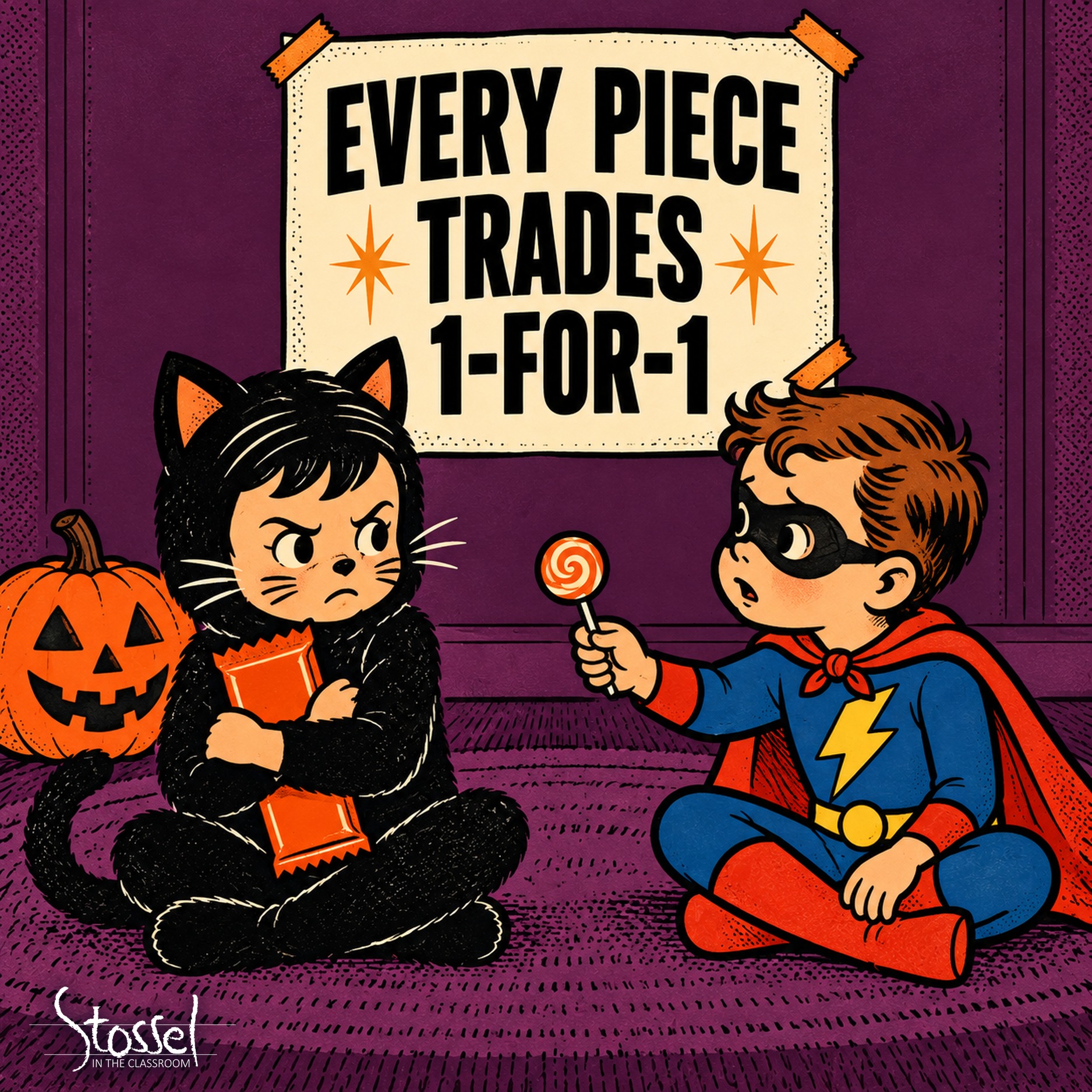 Every Piece Trades Halloween Standoff SITC A child in a black cat costume scowls and hugs a full-size chocolate bar while a child in a superhero costume offers a single lollipop. A sign on the wall behind them reads “Every piece trades 1-for-1.”