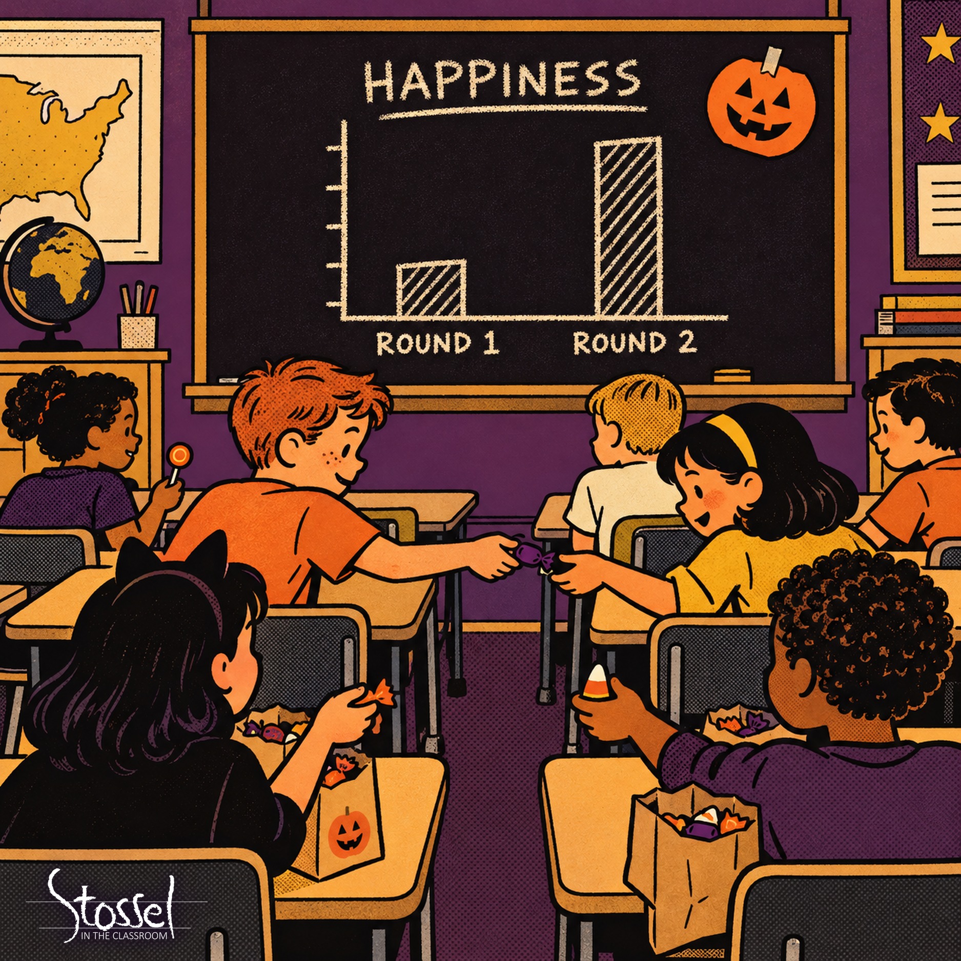 Halloween Candy Swap Classroom SITC Students at their desks swap candy from small paper bags. On the chalkboard, a bar chart titled “Happiness” shows a short bar for Round 1 and a much taller bar for Round 2.