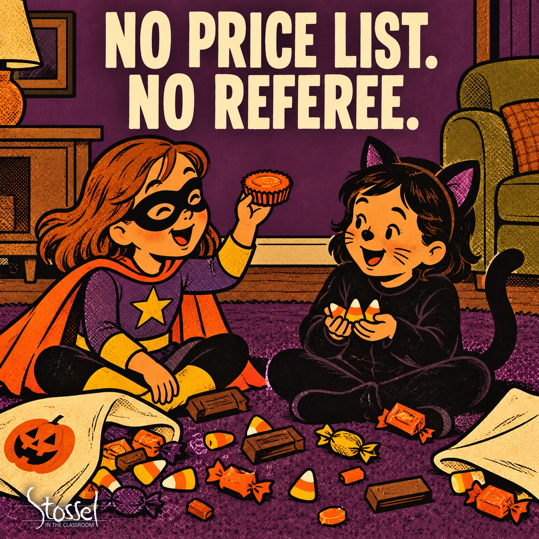 Halloween Candy Swap SITC A girl in a superhero costume grins as she holds up a peanut butter cup, while a child in a black cat costume happily holds three pieces of candy corn. Above them are the words “No price list. No referee.”